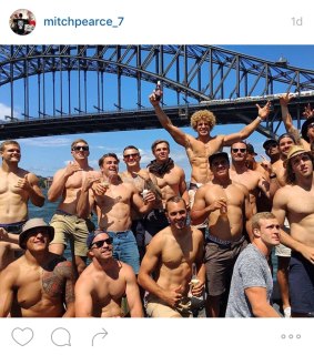 Party time: A photo from Mitchell Pearce 's Instagram account showing the Roosters players during their Australia Day festivities.