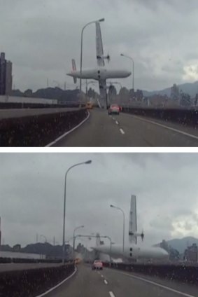 A series of three stills that show the plane crashing over an overpass.