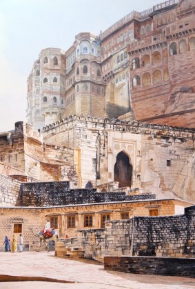 Watercolour by Jason Roberts of Mehrangarh Fort, Rajasthan, where he was hosted by the former Maharaja of Jodphur to paint animals (see camel at bottom) and buildings.
