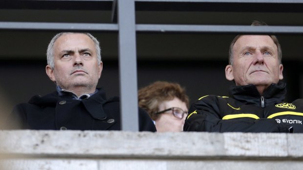 Former Chelsea manager Jose Mourinho was pictured with Dortmund's president Hans-Joachim Watzke at the club's Bundesliga match against Hertha BSC Berlin on Saturday.