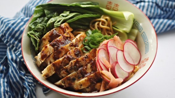 This miso chicken ramen can be served wet or dry (hold the broth).