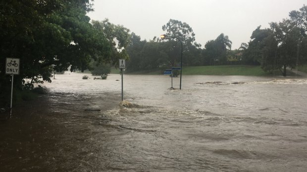 Kedron Brook breaking its banks in Lutwyche, in Brisbane's north, on Thursday.
