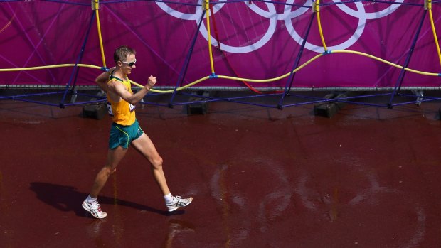 Jared Tallent nears the finish line, and silver,  in the men's 50km walk at the London Olympics in 2012.
