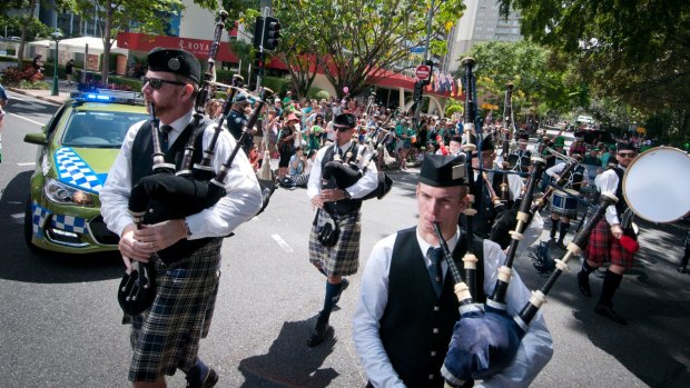 St Patrick's Day Parade sent the sound of bagpipes and drums echoing through Brisbane's inner-city streets.