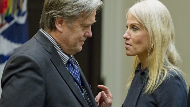 Kellyanne Conway, senior adviser to Donald Trump speaks with Bannon.