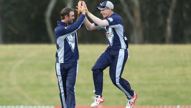 Glenn Maxwell and Peter Handscomb celebrate the wicket of Adam Voges.