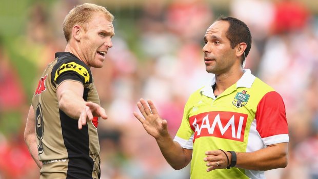 Warning:  Peter Wallace and referee Ashley Klein during Sunday's match.