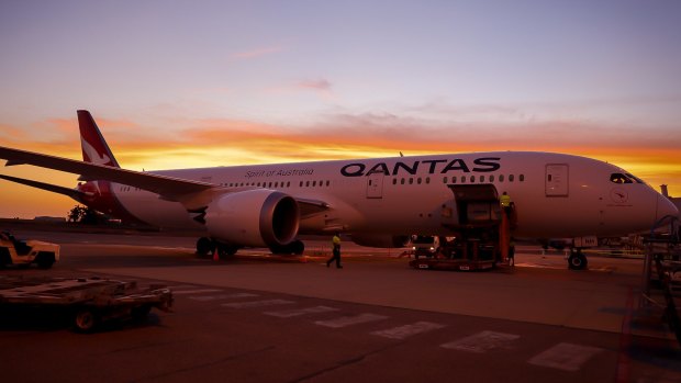 The Qantas Boeing 787-9 Dreamliner after touching down in Darwin following its 15,020-kilometre journey.
