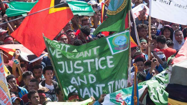 Protesters in Dili in March demanded that Australia negotiate over the Timor Sea boundary.