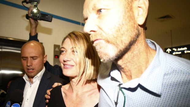 Tara Brown and Stephen Rice arrive at Sydney International Airport after the Beirut saga.