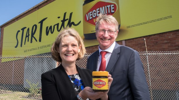 Mondelez's Australian vice-president Amanda Banfield and Bega Cheese executive chairman Barry Irvin. 