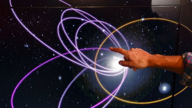 Mike Brown, professor of planetary astronomy at the California Institute of Technology, points to the gold ring showing a potential orbital path of planet nine in relation to the orbits of 'Trans-Neptunian Objects'.