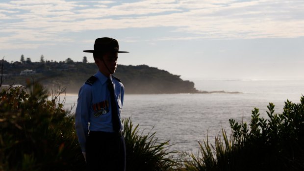  A Catafalque Party Mount member stands guard during the Anzac Service at Freshwater.