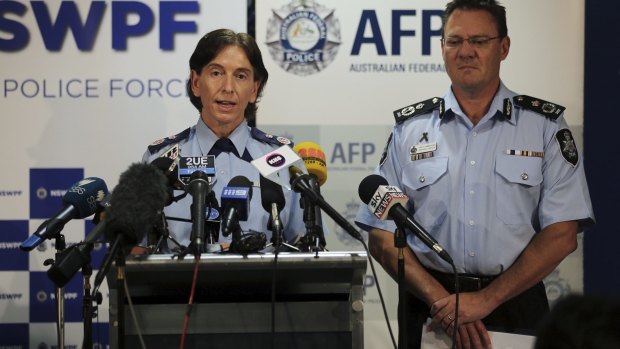 NSW Police Deputy Commissoner Catherine Burn and AFP Deputy
Commissoner Michael Phelan during a press conference about two men arrested at Fairfield on Tuesday for alleged terrorism offences.
 