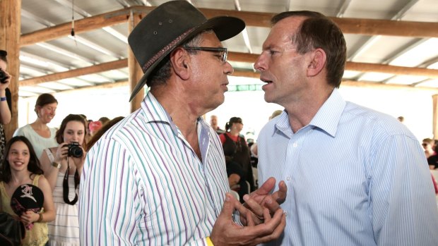 Warren Mundine with former prime minister Tony Abbott during the then opposition leader's visit to Arnhem Land in August 2013. 
