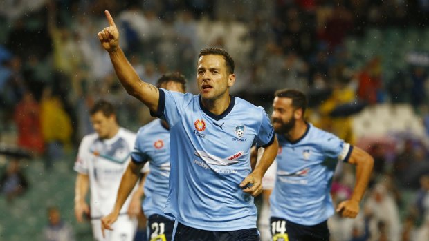 After the brawl: Sydney FC's Bobo celebrates a goal in the Sky Blues win over Melbourne Victory at Allianz Stadium on Friday.