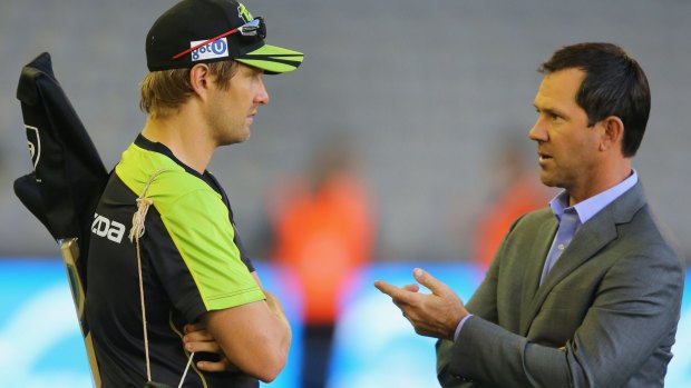 Mentor: Shane Watson of the Thunder listens to his former Test captain Ricky Ponting.