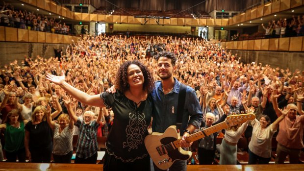 Christine Anu and LIOR, rehearsing at Sydney Grammar School with a choir of 900 volunteers for a 'performance experience'. 