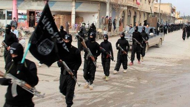 Islamic State fighters marching in Raqqa, Syria, seen in an undated image posted on a militant website.