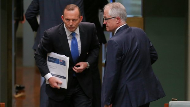 Tony Abbott and Malcolm Turnbull on the day of the Liberal leadership spill, in September 2015.