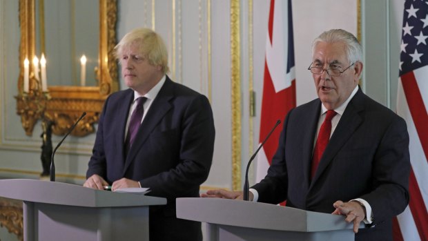 British Foreign Secretary Boris Johnson and US Secretary of State Rex Tillerson attend a joint press conference in London.