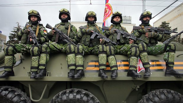 Pro-Russian separatists of the self-proclaimed Donetsk People's Republic in Donetsk on Saturday.