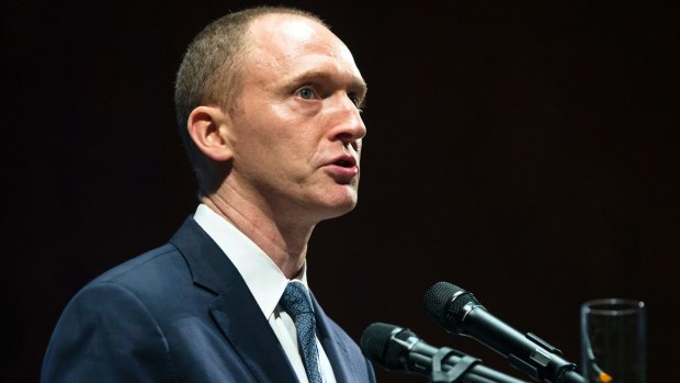 Carter Page, then adviser to US Republican presidential candidate Donald Trump, speaks at the graduation ceremony for the New Economic School in Moscow, Russia in 2016.