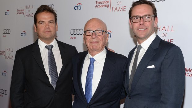 Lachlan and James Murdoch with their father, Rupert, who has just promoted them to loftier roles, with accompanying handsome pay packets and other benefits, at Twenty-First Century Fox.