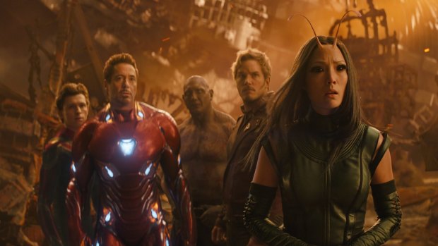 Marvel Studios' Avengers: Infinity War, with Spider-Man/Peter Parker (Tom Holland), Iron Man/Tony Stark (Robert Downey Jr.), Drax (Dave Bautista), Star-Lord/Peter Quill (Chris Pratt) and Mantis (Pom Klementieff).