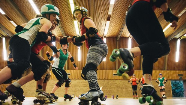 Canberra Roller Derby teams the Surly Griffins and the Red Bellied Black Hearts training ahead of their season launch.