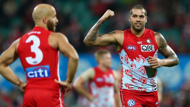 Good hit out: Lance Franklin of the Swans celebrates kicking a goal at the SCG. 