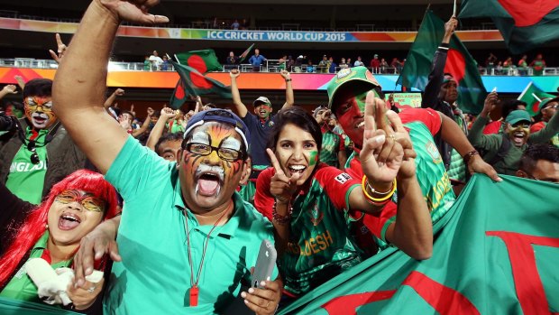 Bangladesh supporters celebrate after the 2015 ICC Cricket World Cup match between England and Bangladesh at Adelaide Oval