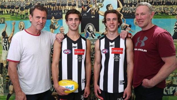 Generation game: father-son draftees Callum Brown and Josh Daicos with their dads and Magpie legends Peter Daicos and Gavin Brown at Magpie HQ.