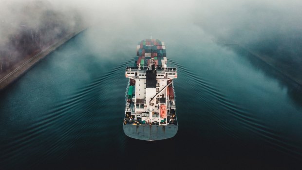 Ship passes through the Kiel Canal, Germany.