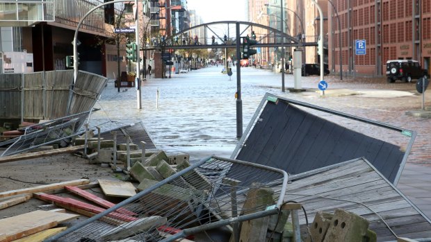 View of the flooding in the harbour district in Hamburg, Germany on  Sunday.