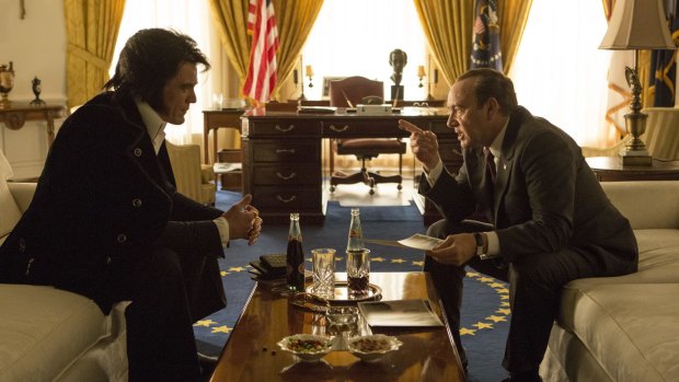 Michael Shannon as Elvis Presley and Kevin Spacey as Richard Nixon in <i>Elvis & Nixon</i>.