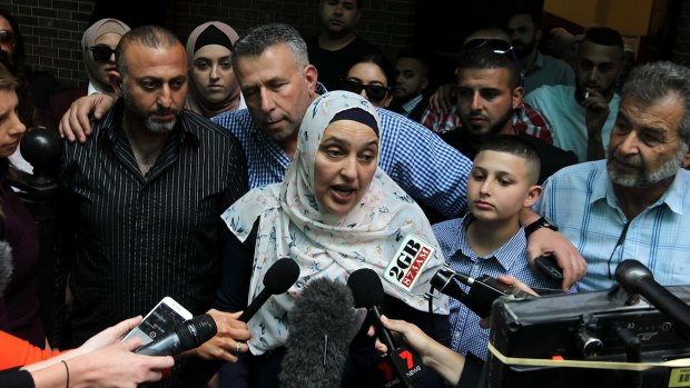 Mahmoud Hrouk's mother Maha Dunia speaks to the media outside the NSW Supreme Court on Friday. 