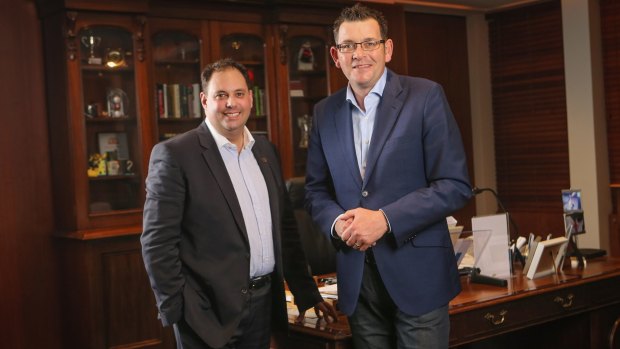 Small Business Minister Philip Dalidakis, seen here with Premier Daniel Andrews, is taking another look at his Christmas Day holiday pay decision.