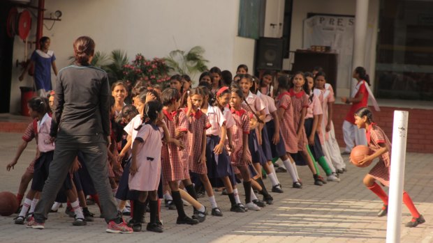 Students gather at the Prerna Girls School in Lucknow.