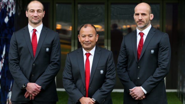 Front row: Eddie Jones poses with Steve Borthwick (England Forwards Coach) and Paul Gustard (England Defence Coach.)