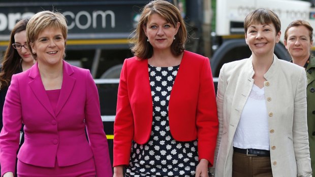 Caroline Lucas, far right, pictured with Scotland's First Minster Nicola Sturgeon, of the Scottish National Party, and Welsh Plaid Cymru Leader Leanne Wood. Ms Lucas has called for a 'progressive alliance' to defeat the ruling Conservative Party.