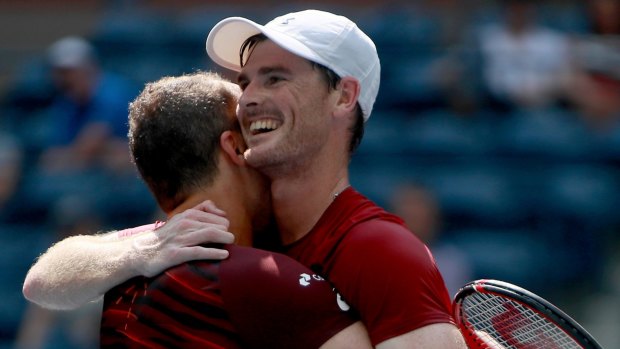 Jamie Murray and Bruno Soares celebrate after their doubles win.