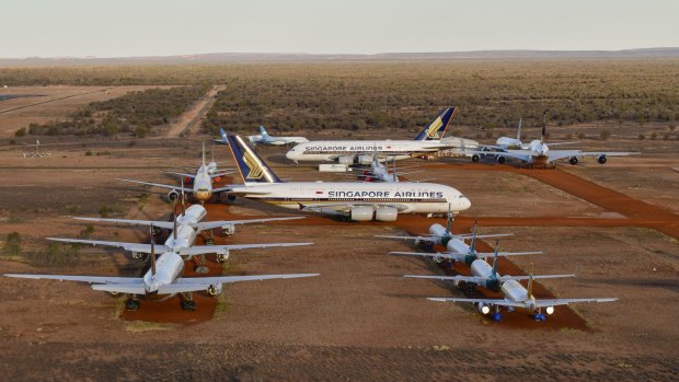 Two Singapore Airlines A380s at the Asia Pacific Aircraft Storage facility near Alice Springs in 2020.