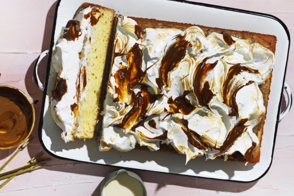 Danielle Alvarez's milk-soaked cake decorated with soft Swiss meringue and dulce de leche.