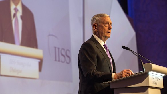 James Mattis speaks at the summit in Singapore on Saturday.