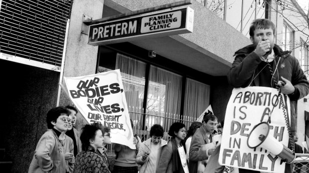 Pro choice and right-to-life demonstrators clash during a demonstration outside the Preterm Clinic in Cooper Street, Surry Hills on August 15, 1985. 