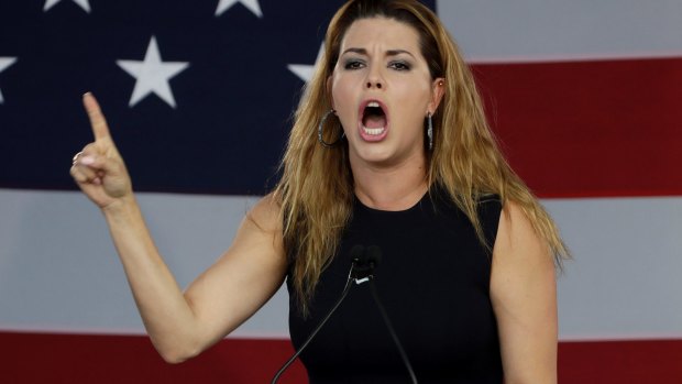 Former Miss Universe Alicia Machado gestures before a speech by Democratic presidential candidate Hillary Clinton in Florida on Tuesday.
