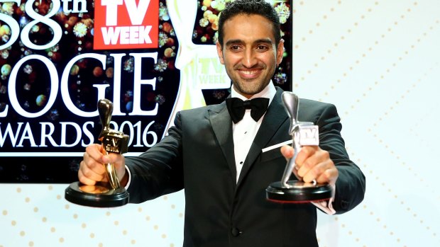 Waleed Aly poses with the 2016 Gold Logie for Best Personality On Australian TV and Silver Logie for Best Presenter