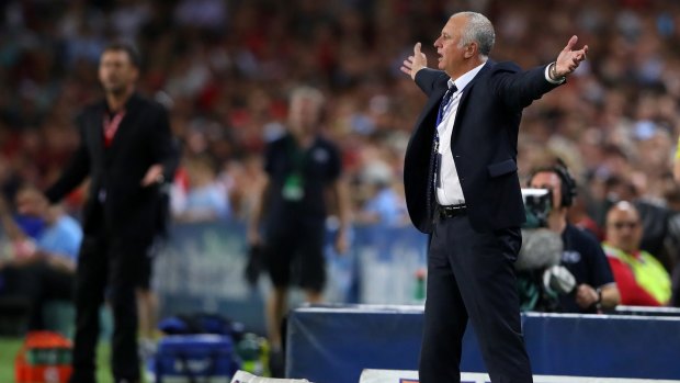 Frustration: Sydney FC coach Graham Arnold shows his exasperation during the match against the Western Sydney Wanderers at Allianz Stadium. 