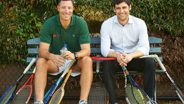Tennis coach Brad Millman and AFR's Jonathan Barrett test out the latest - and oldest - tennis racquets.